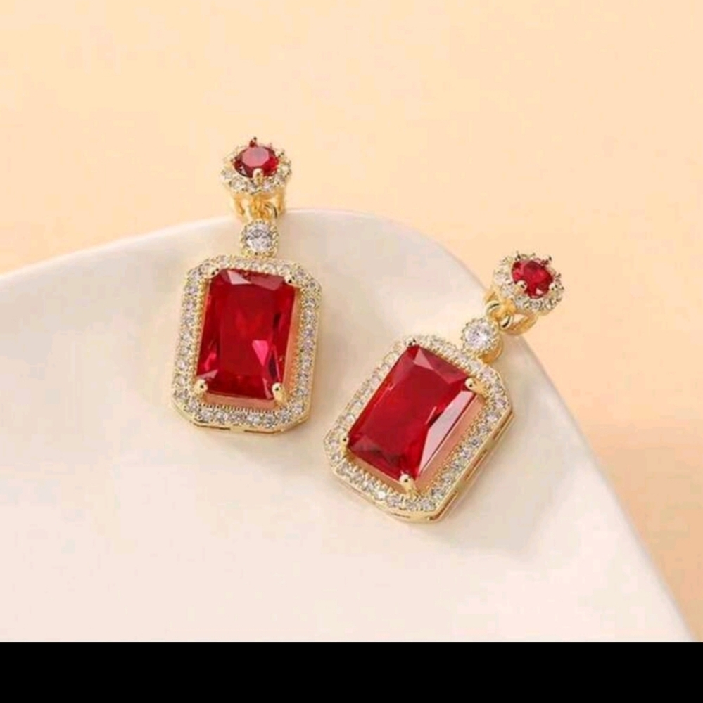 14k Gold Plated Red Cubic Zirconia Gemstonw Drop Earrings